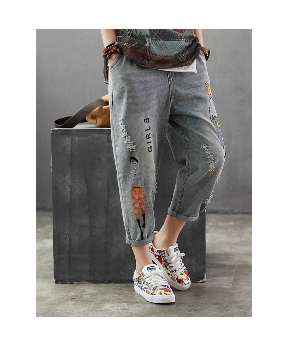 6859 Fashion Korea Style Vintage Hole Girl Embroidery Ankle-length Denim Jeans Female Casual Loose Harem Pant Trousers Cloth ...