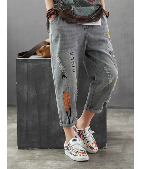 6859 Fashion Korea Style Vintage Hole Girl Embroidery Ankle-length Denim Jeans Female Casual Loose Harem Pant Trousers Cloth ...