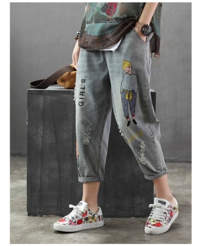 6859 Fashion Korea Style Vintage Hole Girl Embroidery Ankle-length Denim Jeans Female Casual Loose Harem Pant Trousers Cloth ...