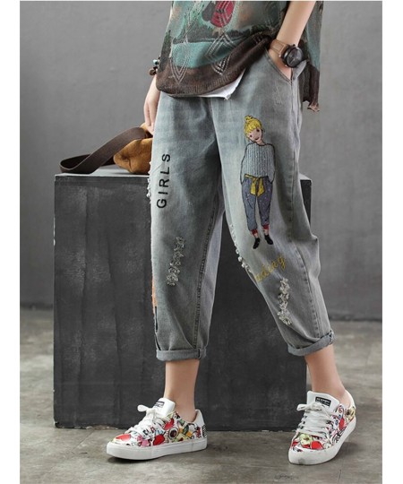 6859 Fashion Korea Style Vintage Hole Girl Embroidery Ankle-length Denim Jeans Female Casual Loose Harem Pant Trousers Cloth ...