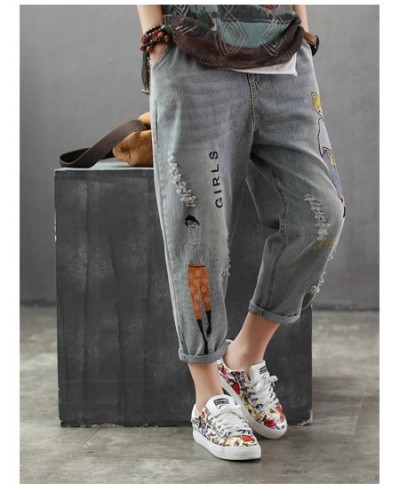 6859 Fashion Korea Style Vintage Hole Girl Embroidery Ankle-length Denim Jeans Female Casual Loose Harem Pant Trousers Cloth ...