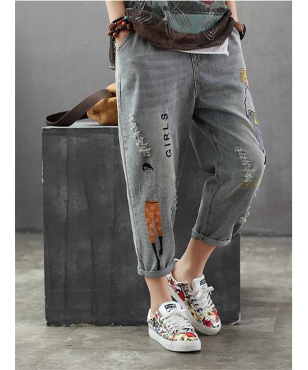 6859 Fashion Korea Style Vintage Hole Girl Embroidery Ankle-length Denim Jeans Female Casual Loose Harem Pant Trousers Cloth ...