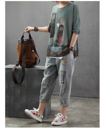 6859 Fashion Korea Style Vintage Hole Girl Embroidery Ankle-length Denim Jeans Female Casual Loose Harem Pant Trousers Cloth ...