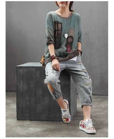 6859 Fashion Korea Style Vintage Hole Girl Embroidery Ankle-length Denim Jeans Female Casual Loose Harem Pant Trousers Cloth ...