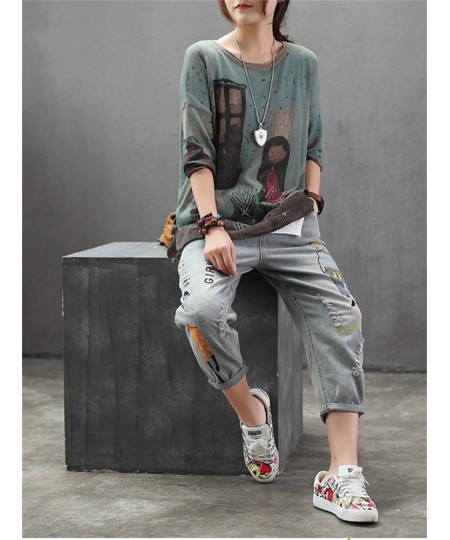 6859 Fashion Korea Style Vintage Hole Girl Embroidery Ankle-length Denim Jeans Female Casual Loose Harem Pant Trousers Cloth ...