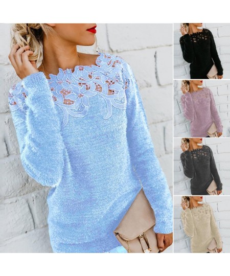 Loose dress Sweater 2022 Women Solid Color Long Sleeve O Neck Floral Lace Pullover vest Sweater $34.42 - Sweaters