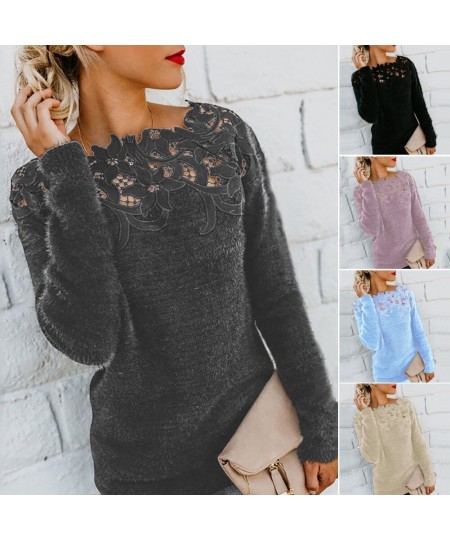 Loose dress Sweater 2022 Women Solid Color Long Sleeve O Neck Floral Lace Pullover vest Sweater $34.42 - Sweaters