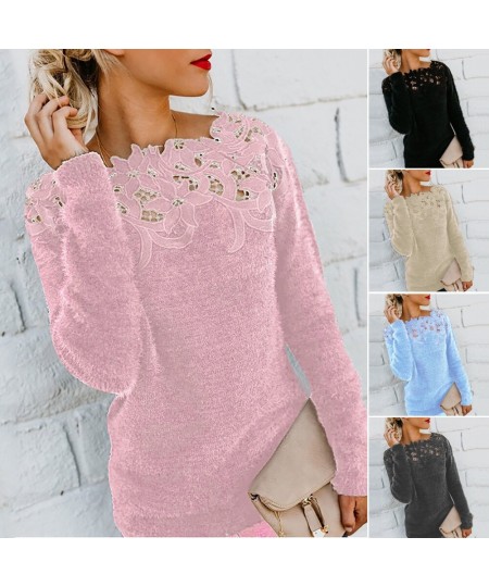 Loose dress Sweater 2022 Women Solid Color Long Sleeve O Neck Floral Lace Pullover vest Sweater $34.42 - Sweaters