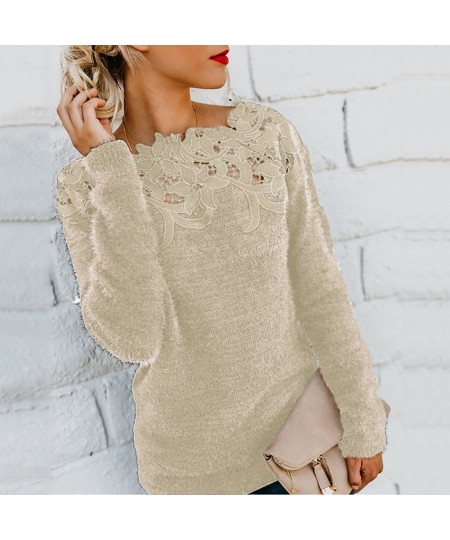 Loose dress Sweater 2022 Women Solid Color Long Sleeve O Neck Floral Lace Pullover vest Sweater $34.42 - Sweaters