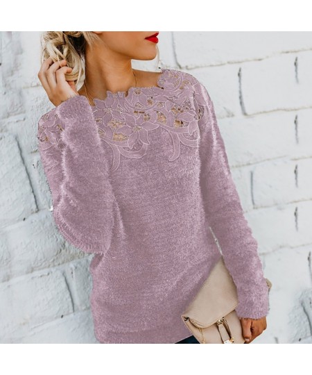 Loose dress Sweater 2022 Women Solid Color Long Sleeve O Neck Floral Lace Pullover vest Sweater $34.42 - Sweaters