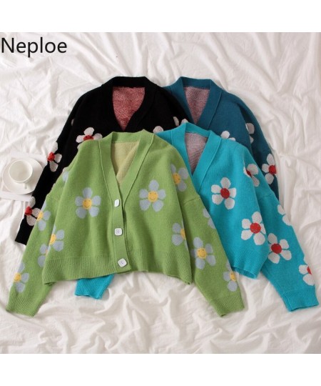 Neploe Preppy Style Flower Knit Cardigans Sweater Women V Neck Loose elegaht Thicked Pull Femme Print Short Casual Coat 46565...