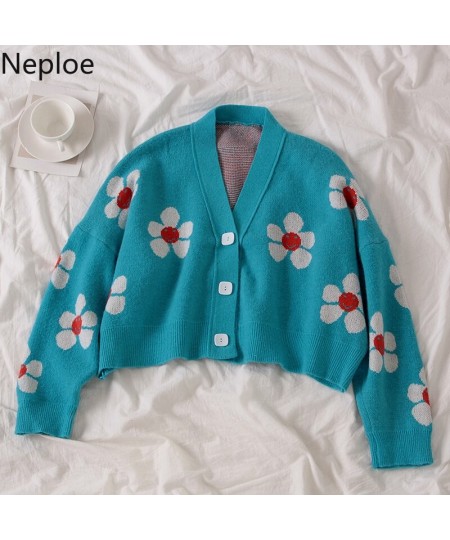 Neploe Preppy Style Flower Knit Cardigans Sweater Women V Neck Loose elegaht Thicked Pull Femme Print Short Casual Coat 46565...