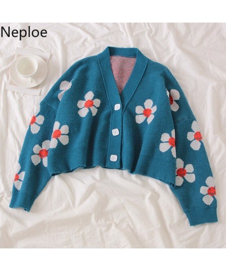 Neploe Preppy Style Flower Knit Cardigans Sweater Women V Neck Loose elegaht Thicked Pull Femme Print Short Casual Coat 46565...