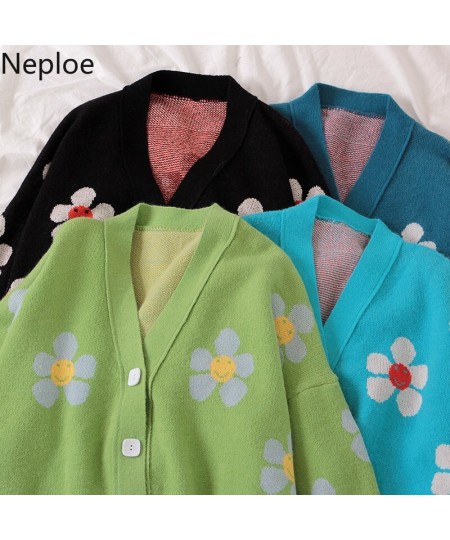 Neploe Preppy Style Flower Knit Cardigans Sweater Women V Neck Loose elegaht Thicked Pull Femme Print Short Casual Coat 46565...