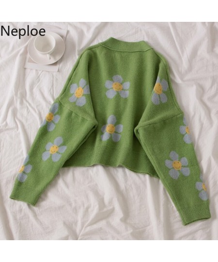 Neploe Preppy Style Flower Knit Cardigans Sweater Women V Neck Loose elegaht Thicked Pull Femme Print Short Casual Coat 46565...