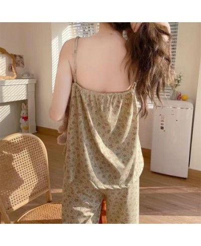 2023 Flower Summer Women Pajamas Set V Neck Sling Top + Long Pants Sleepwear Suit Sweet Girls Sexy Lace Nightwear Outer Wear ...