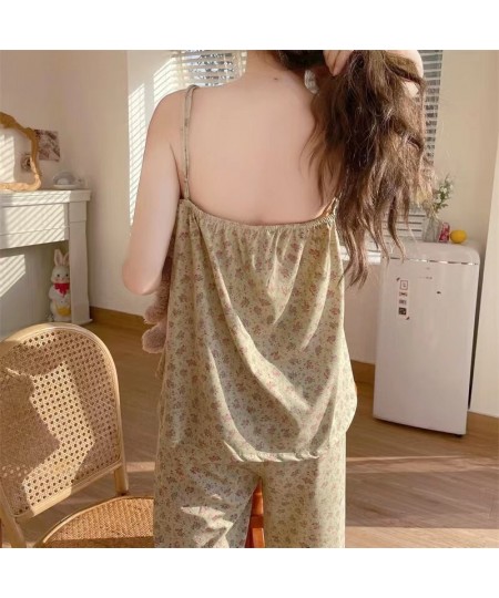 2023 Flower Summer Women Pajamas Set V Neck Sling Top + Long Pants Sleepwear Suit Sweet Girls Sexy Lace Nightwear Outer Wear ...