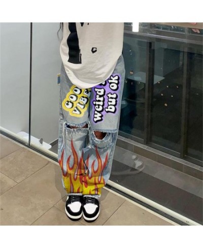 Women's High Waist Street INS Net Red Blogger Personality Letter Print Skateboard Jeans Ripped Straight Pants $65.17 - Jeans