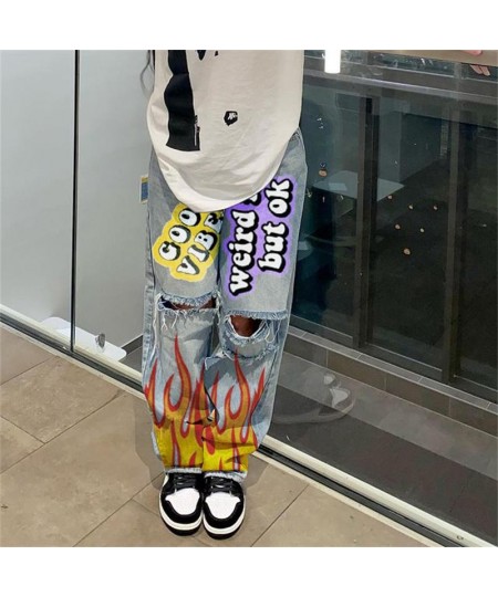 Women's High Waist Street INS Net Red Blogger Personality Letter Print Skateboard Jeans Ripped Straight Pants $65.17 - Jeans