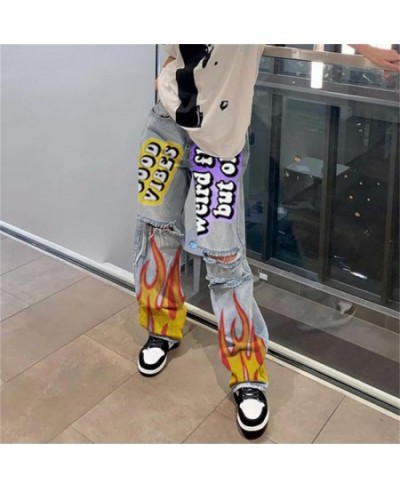 Women's High Waist Street INS Net Red Blogger Personality Letter Print Skateboard Jeans Ripped Straight Pants $65.17 - Jeans