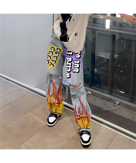 Women's High Waist Street INS Net Red Blogger Personality Letter Print Skateboard Jeans Ripped Straight Pants $65.17 - Jeans