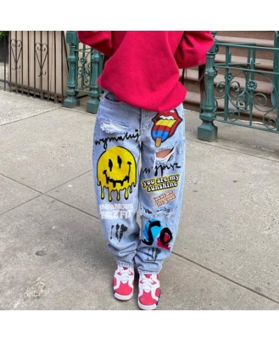 Women's High Waist Street INS Net Red Blogger Personality Letter Print Skateboard Jeans Ripped Straight Pants $65.17 - Jeans