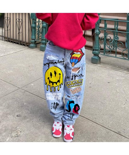 Women's High Waist Street INS Net Red Blogger Personality Letter Print Skateboard Jeans Ripped Straight Pants $65.17 - Jeans