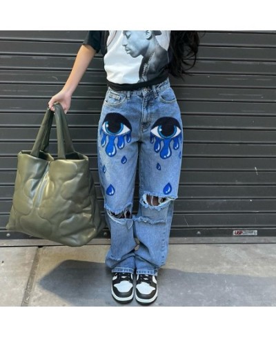 Women's High Waist Street INS Net Red Blogger Personality Letter Print Skateboard Jeans Ripped Straight Pants $65.17 - Jeans