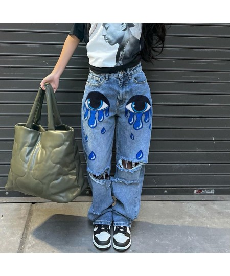 Women's High Waist Street INS Net Red Blogger Personality Letter Print Skateboard Jeans Ripped Straight Pants $65.17 - Jeans