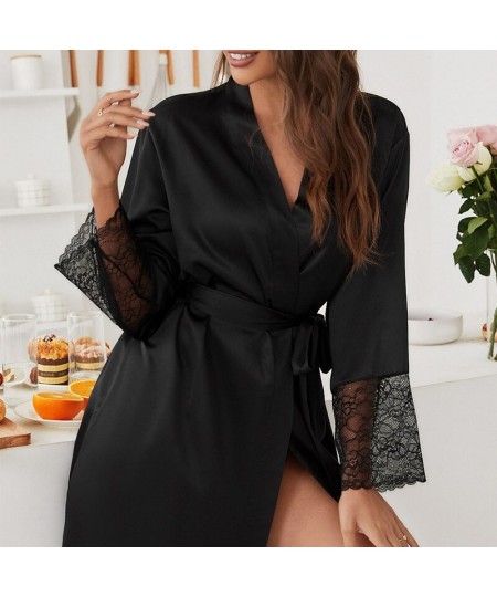 Sexy Cuffs Sleeve Lace Design Home Clothes Robes for Summer Thin Cardigan Pajamas Women V-neck Short Nightgown Night Dress $3...