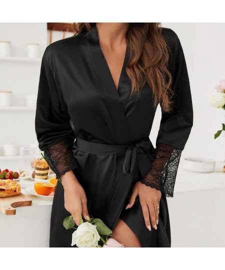 Sexy Cuffs Sleeve Lace Design Home Clothes Robes for Summer Thin Cardigan Pajamas Women V-neck Short Nightgown Night Dress $3...