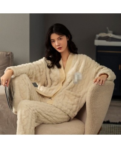 Women Winter Flannel Pajama Set Fleece Pajamas Japanese Warm Soft Female Homewear Suit Fall Casual Cardigan Sleepwear Ladies ...