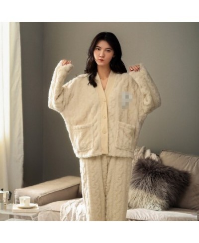 Women Winter Flannel Pajama Set Fleece Pajamas Japanese Warm Soft Female Homewear Suit Fall Casual Cardigan Sleepwear Ladies ...