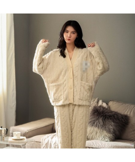 Women Winter Flannel Pajama Set Fleece Pajamas Japanese Warm Soft Female Homewear Suit Fall Casual Cardigan Sleepwear Ladies ...