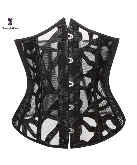 Summer Hollow Out Waist Cincher Shaper 5 Metal Busk Women Black Leather Translucent Mesh Underbust Corset Top Plus Size XS-6X...