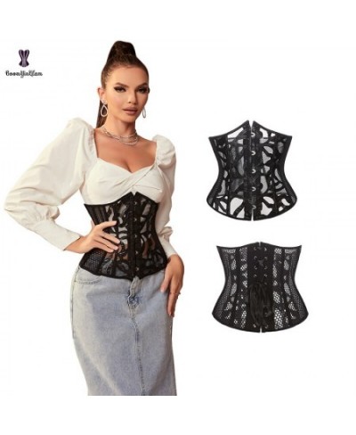 Summer Hollow Out Waist Cincher Shaper 5 Metal Busk Women Black Leather Translucent Mesh Underbust Corset Top Plus Size XS-6X...