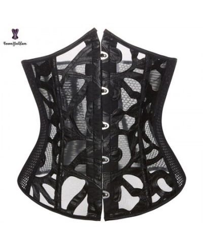 Summer Hollow Out Waist Cincher Shaper 5 Metal Busk Women Black Leather Translucent Mesh Underbust Corset Top Plus Size XS-6X...