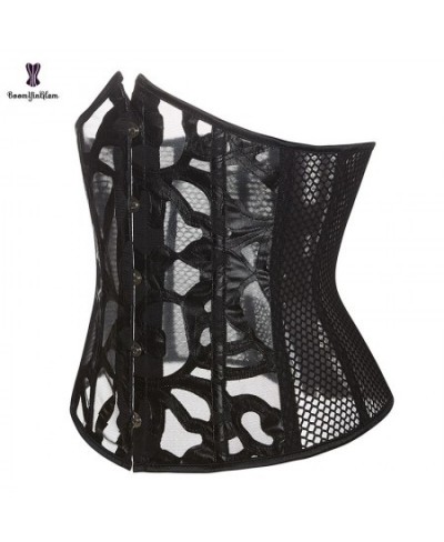 Summer Hollow Out Waist Cincher Shaper 5 Metal Busk Women Black Leather Translucent Mesh Underbust Corset Top Plus Size XS-6X...