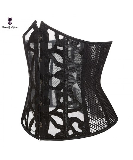 Summer Hollow Out Waist Cincher Shaper 5 Metal Busk Women Black Leather Translucent Mesh Underbust Corset Top Plus Size XS-6X...