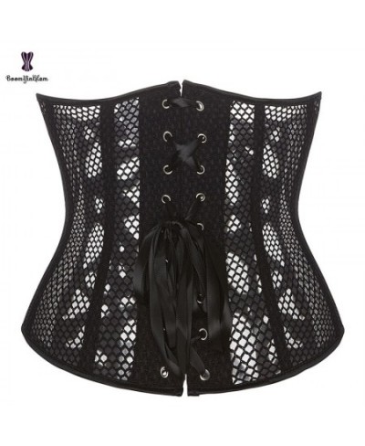 Summer Hollow Out Waist Cincher Shaper 5 Metal Busk Women Black Leather Translucent Mesh Underbust Corset Top Plus Size XS-6X...