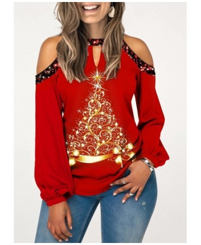 Womens Tops Fashion Cold Shoulder Long Sleeve Shirt Christmas Tree Print Blouse Xmas Holiday Tops Casual Women Shirts Blouses...