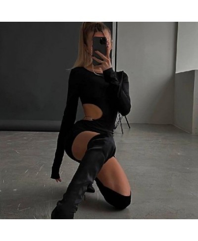 Sexy Waist Hollowed Mini Dress Sexy Black Long Sleeves Slim Dresses 2023 Elegant Women Metal Chain Decoration Vestidos $29.81...