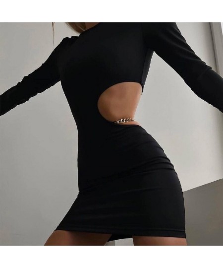 Sexy Waist Hollowed Mini Dress Sexy Black Long Sleeves Slim Dresses 2023 Elegant Women Metal Chain Decoration Vestidos $29.81...