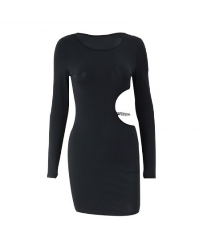 Sexy Waist Hollowed Mini Dress Sexy Black Long Sleeves Slim Dresses 2023 Elegant Women Metal Chain Decoration Vestidos $29.81...