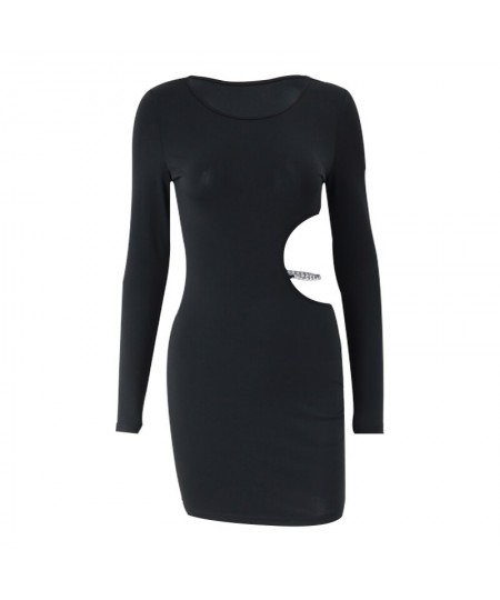 Sexy Waist Hollowed Mini Dress Sexy Black Long Sleeves Slim Dresses 2023 Elegant Women Metal Chain Decoration Vestidos $29.81...