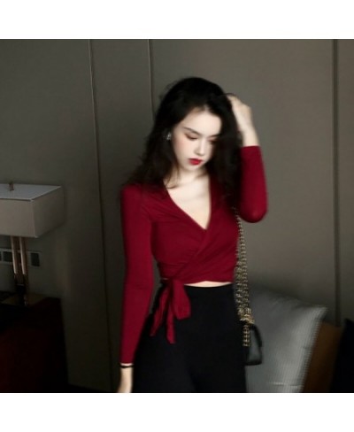 Women's Cross Knotted Crop Tops Fashion Casual Solid Long Sleeve T-shirts Sexy Slim V-neck T Shirt $25.92 - Tops & Tees