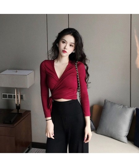 Women's Cross Knotted Crop Tops Fashion Casual Solid Long Sleeve T-shirts Sexy Slim V-neck T Shirt $25.92 - Tops & Tees