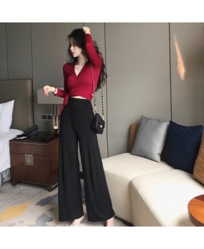 Women's Cross Knotted Crop Tops Fashion Casual Solid Long Sleeve T-shirts Sexy Slim V-neck T Shirt $25.92 - Tops & Tees