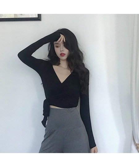 Women's Cross Knotted Crop Tops Fashion Casual Solid Long Sleeve T-shirts Sexy Slim V-neck T Shirt $25.92 - Tops & Tees