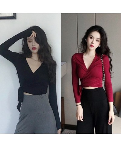 Women's Cross Knotted Crop Tops Fashion Casual Solid Long Sleeve T-shirts Sexy Slim V-neck T Shirt $25.92 - Tops & Tees